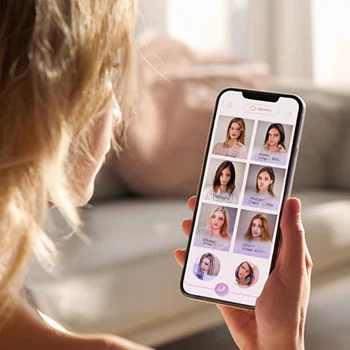 Young woman choosing an AI face on her smartphone